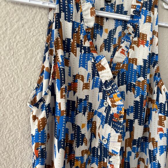 Cabi 6106 Jigsaw Blouse Button Front Ruffle V-Neck Blue Brown White Sz S - Picture 2 of 9